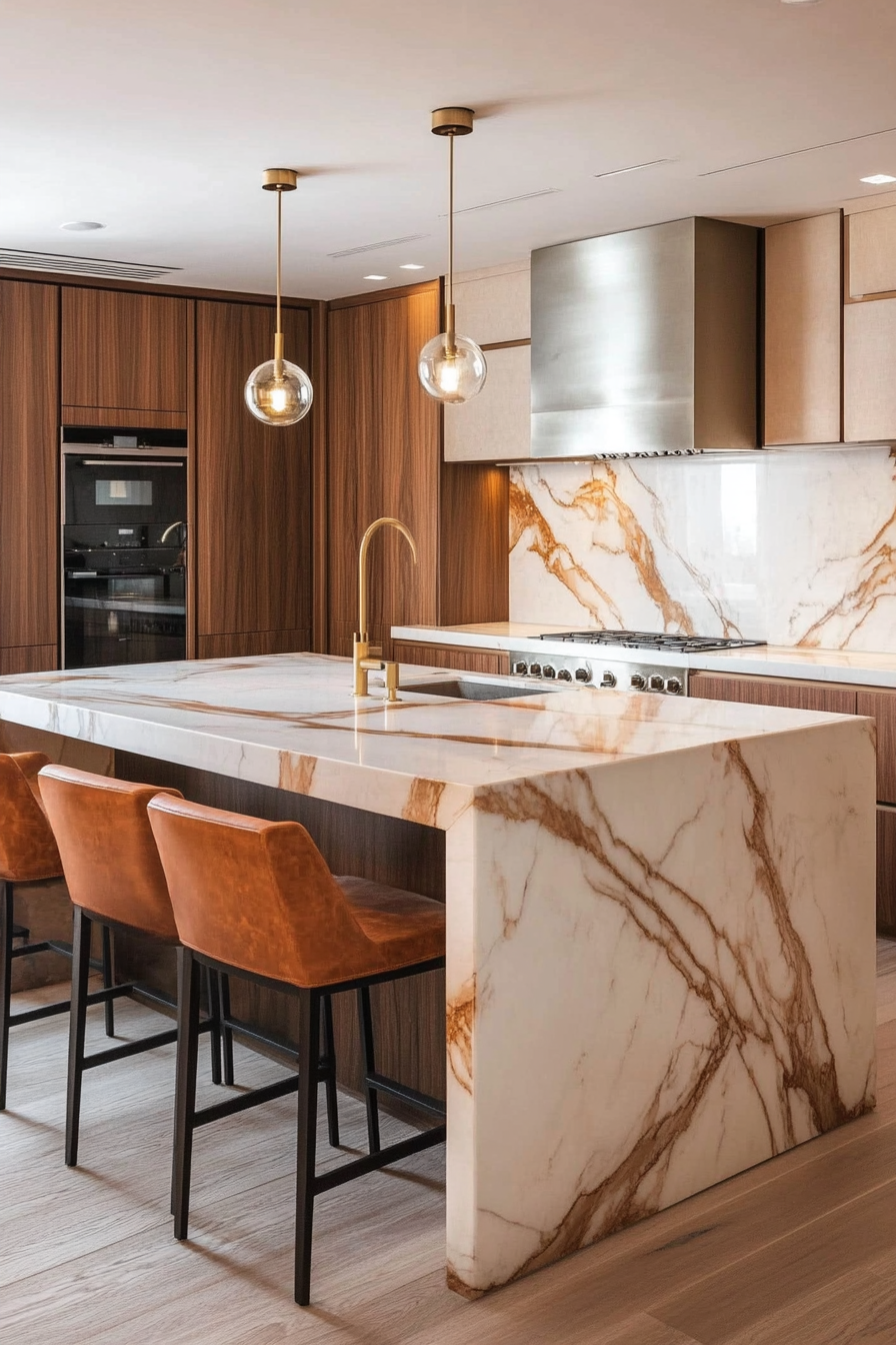 4. Warm Caramel Accents (Marble Kitchen Ideas) - Marble Kitchen Ideas