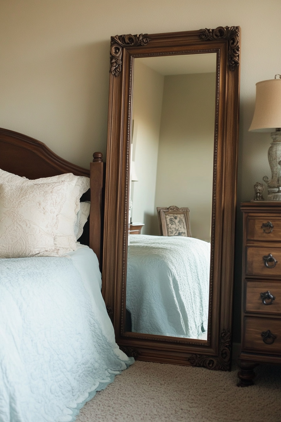 18. Dark Wood Frames for a Rich Contrast (Bedroom Ideas With Mirror) - Bedroom Ideas With Mirror
