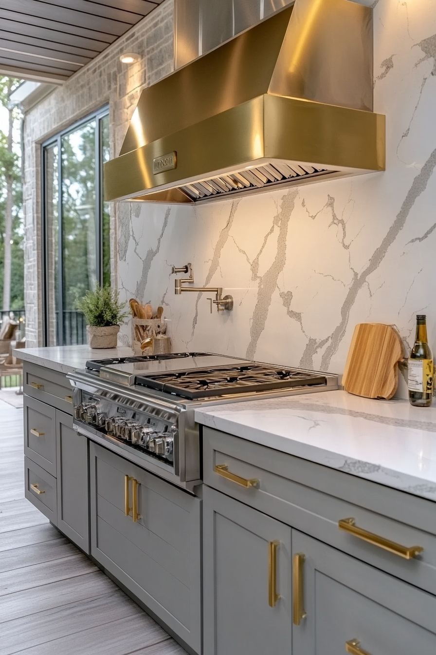15. Marble Luxe & Gold Accents (Outdoor Kitchen Ideas) - Outdoor Kitchen Ideas