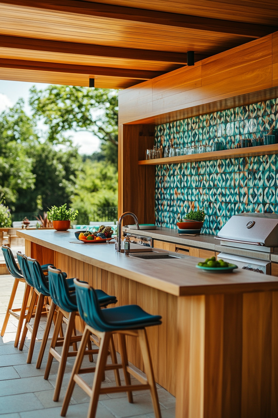17. Mid-Century Modern Teak & Aqua (Outdoor Kitchen Ideas) - Outdoor Kitchen Ideas