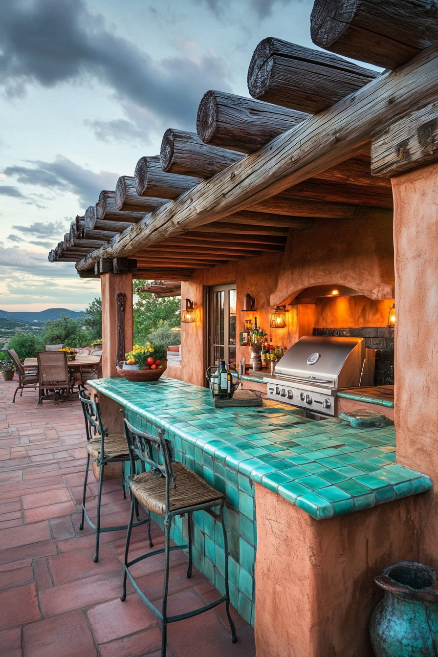 24. Southwestern Clay & Turquoise (Outdoor Kitchen Ideas) - Outdoor Kitchen Ideas