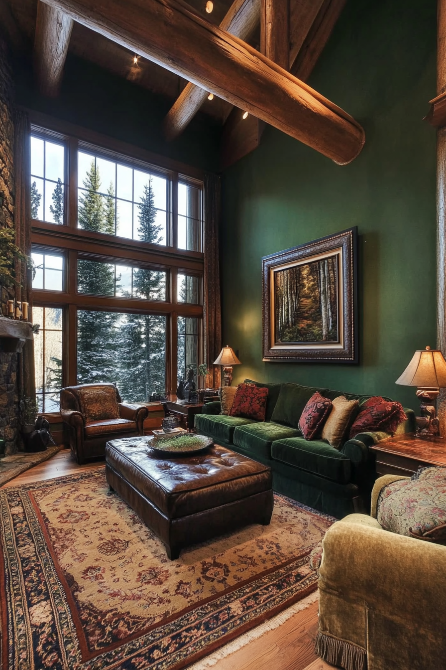 1. Forest Retreat Elegance (Green Living Room Ideas) - Green Living Room Ideas