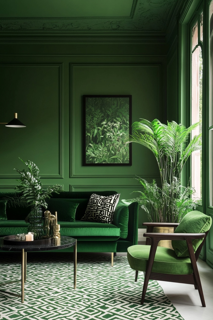 15. Verdant Art Deco Luxe (Green Living Room Ideas) - Green Living Room Ideas