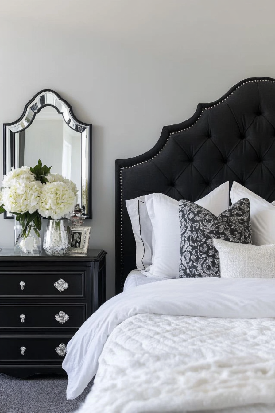 4. Glamorous Noir and Ivory (Black, White And Grey Bedroom Ideas) - Black, White And Grey Bedroom Ideas