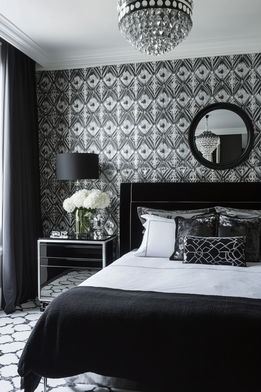 9. Art Deco Noir Glamour (Black, White And Grey Bedroom Ideas) - Black, White And Grey Bedroom Ideas