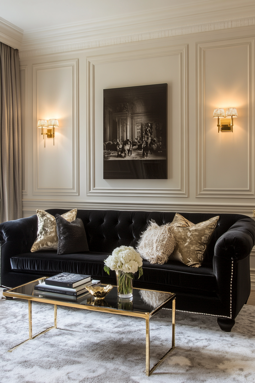 3. Classic Black & Gold Elegance (Black Sofa Living Room Ideas) - Black Sofa Living Room Ideas