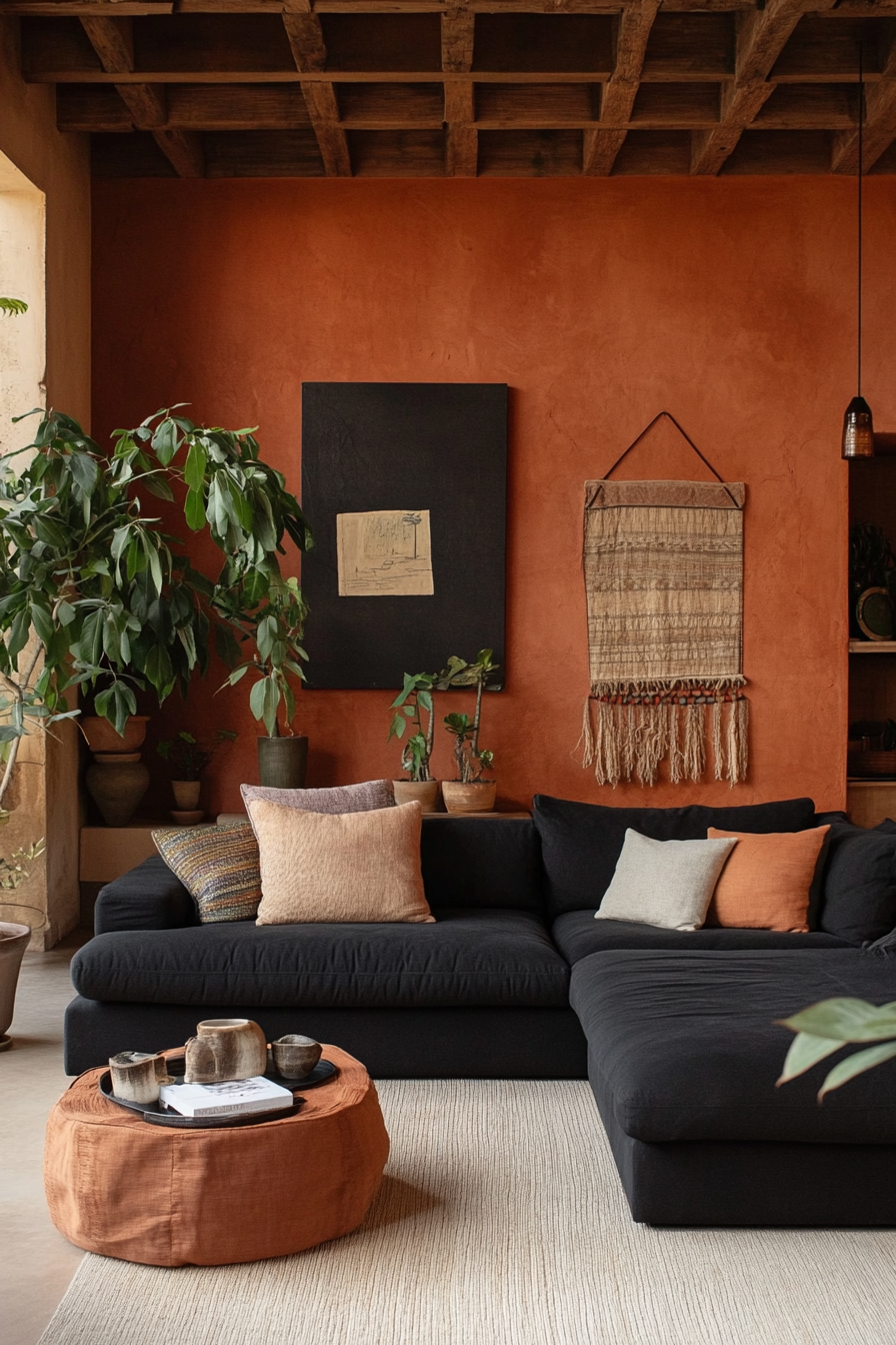 6. Earthy Modernism (Black Sofa Living Room Ideas) - Black Sofa Living Room Ideas