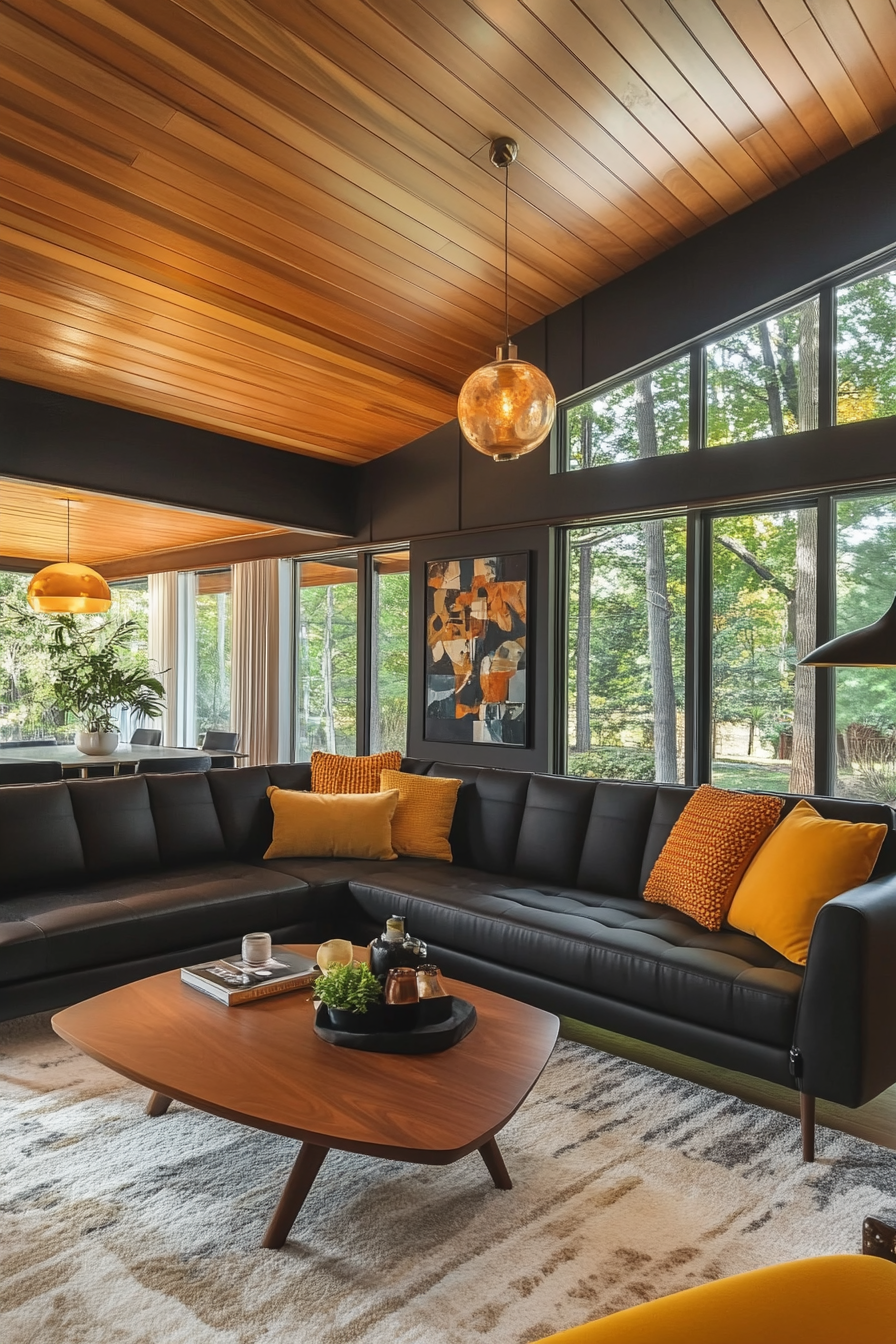 8. Retro Revival (Black Sofa Living Room Ideas) - Black Sofa Living Room Ideas
