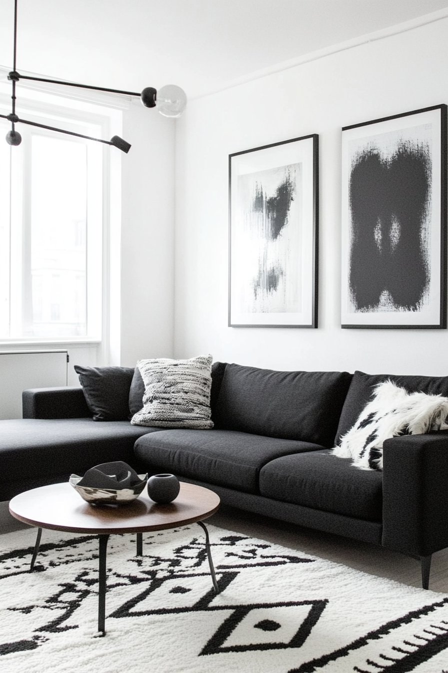 11. Monochrome Artistic Expression (Black Sofa Living Room Ideas) - Black Sofa Living Room Ideas