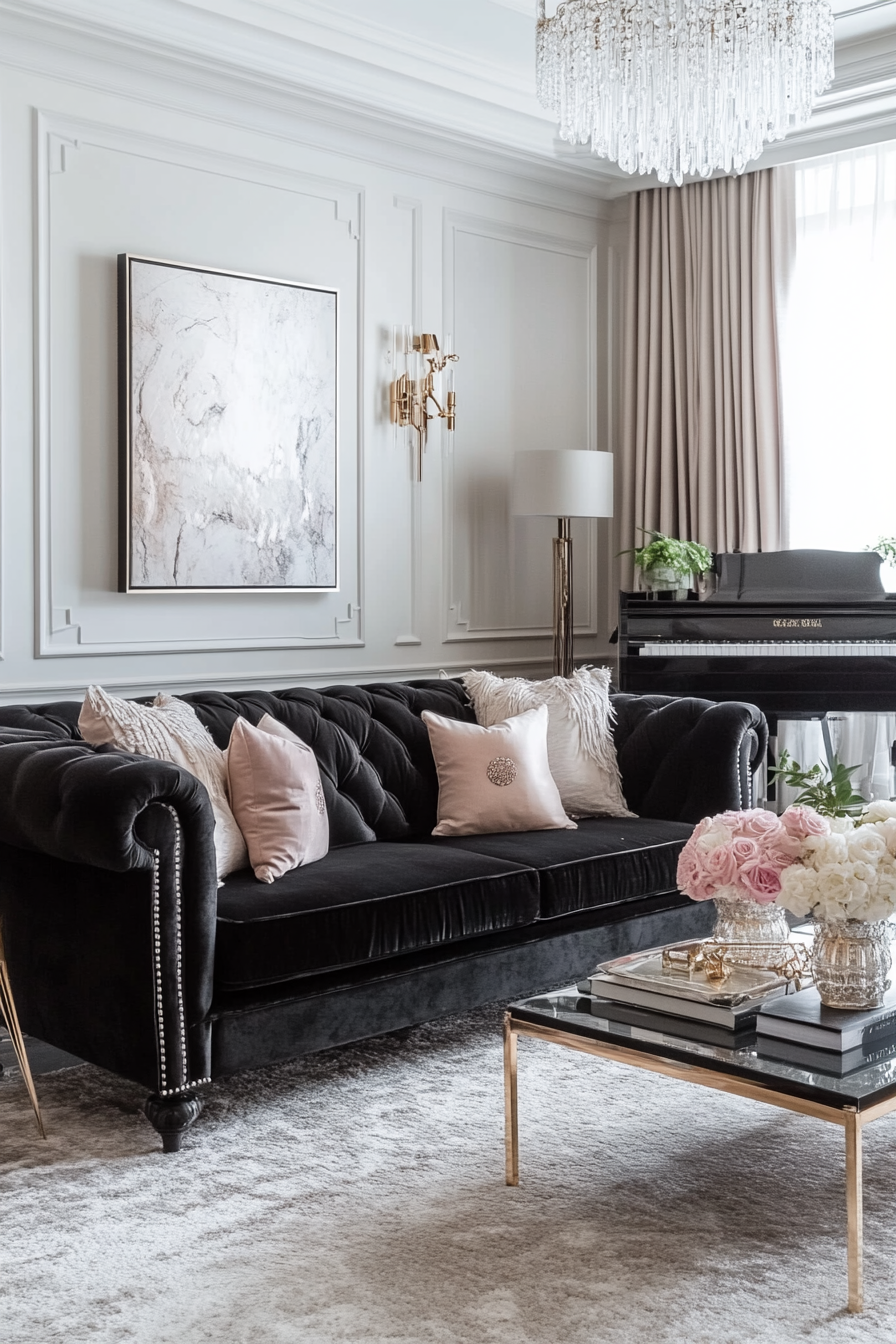 13. Soft Glam Living Room (Black Sofa Living Room Ideas) - Black Sofa Living Room Ideas
