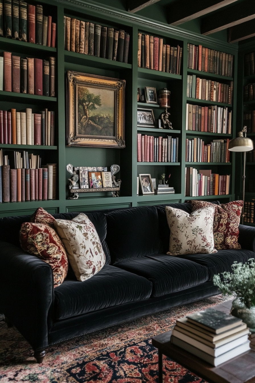 16. Dark Academia Library Vibes (Black Sofa Living Room Ideas) - Black Sofa Living Room Ideas