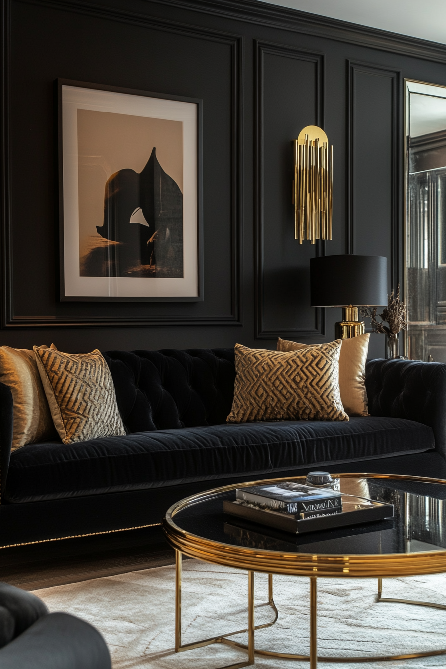 17. Art Deco Opulence (Black Sofa Living Room Ideas) - Black Sofa Living Room Ideas