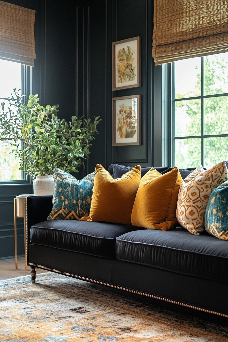 19. Eclectic Boho Luxe (Black Sofa Living Room Ideas) - Black Sofa Living Room Ideas