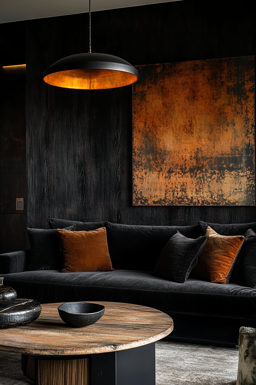 26. Velvet Luxe with Warm Undertones (Black Sofa Living Room Ideas) - Black Sofa Living Room Ideas
