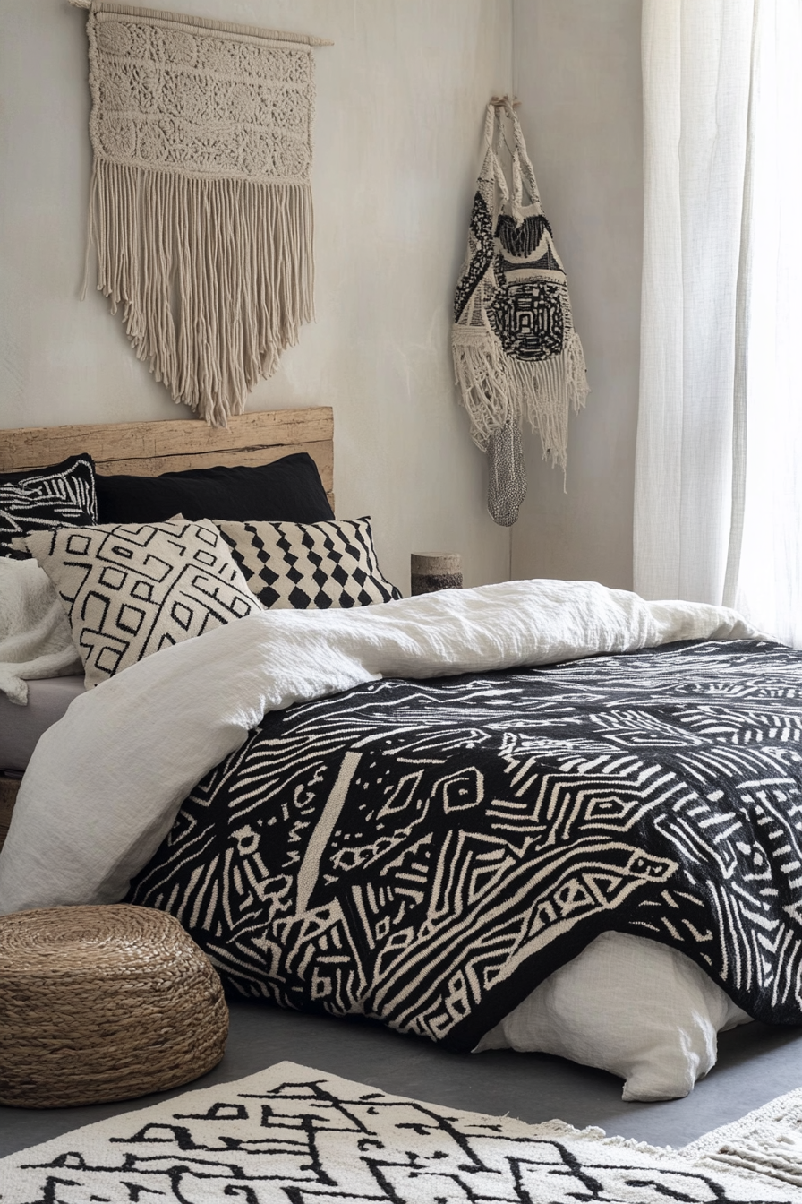 12. Modern Boho with Graphic Prints (Black And White Bedroom Ideas) - Black And White Bedroom Ideas