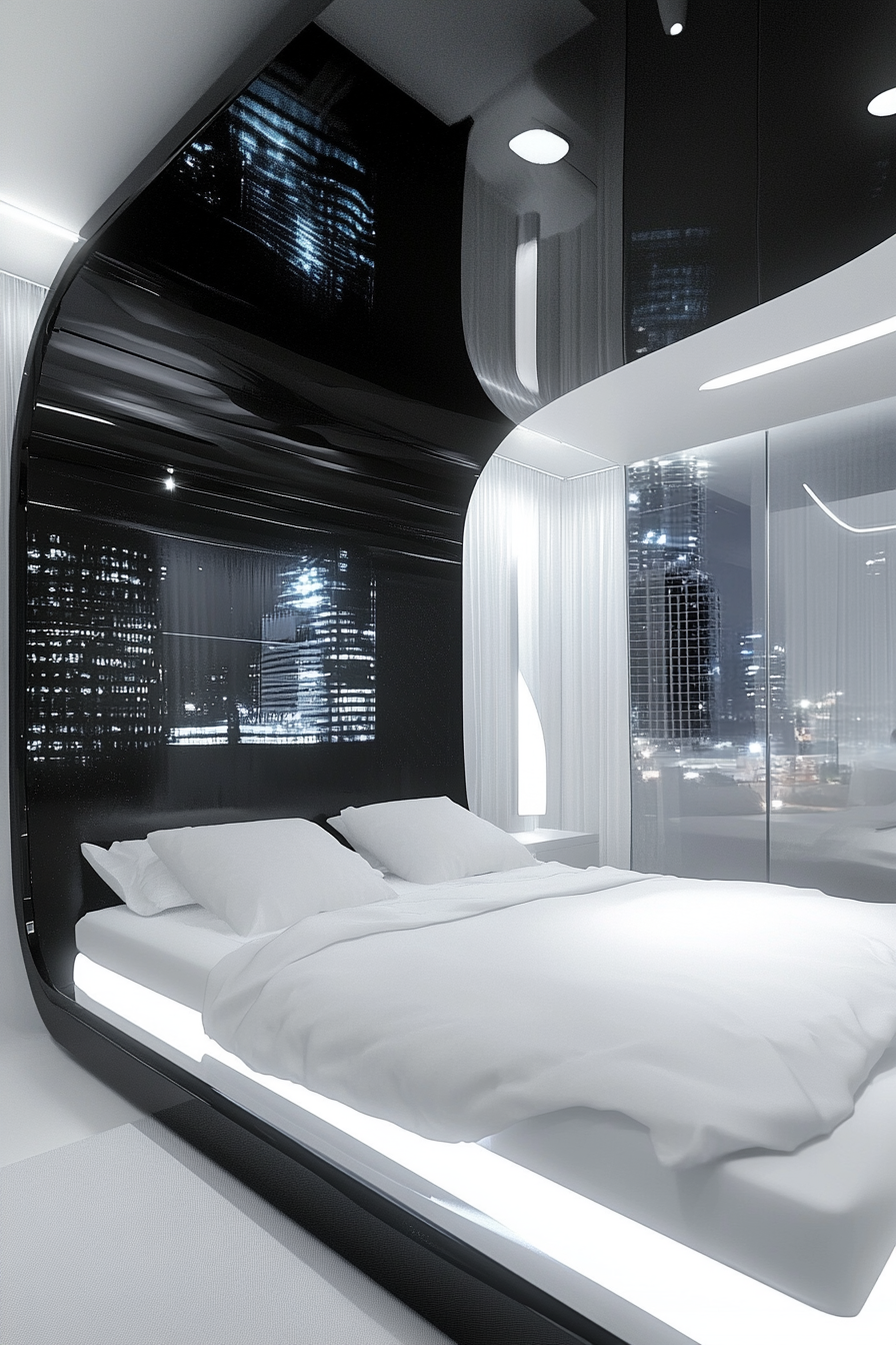 13. Sleek Monochrome Futurism (Black And White Bedroom Ideas) - Black And White Bedroom Ideas