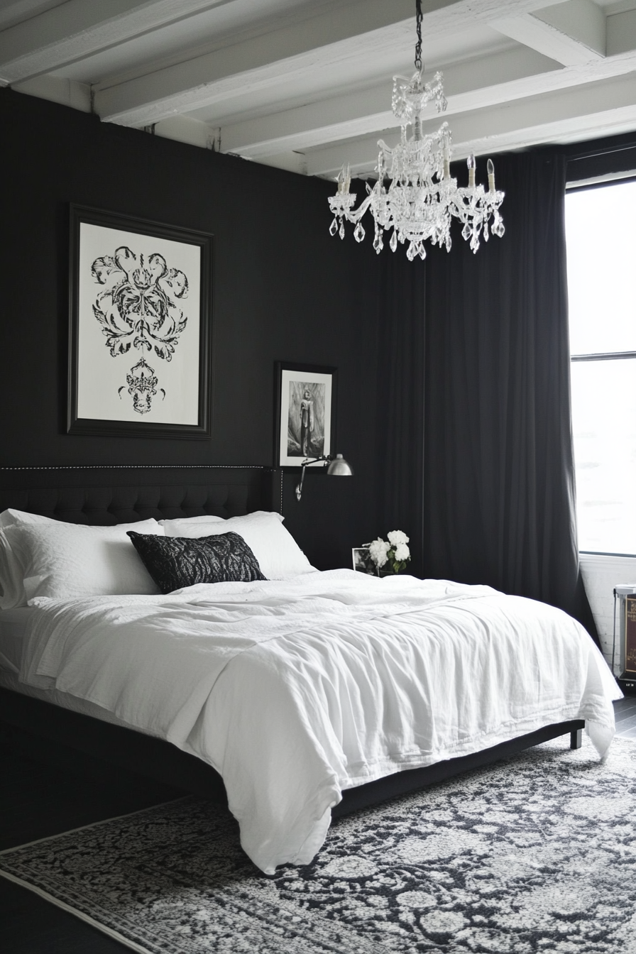 22. Dramatic Black Walls with White Highlights (Black And White Bedroom Ideas) - Black And White Bedroom Ideas